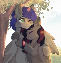 Size: 2227x2308 | Tagged: safe, artist:twinkesss, derpibooru import, oc, oc:mb midnight breeze, oc:se solar eclipse, unofficial characters only, pegasus, pony, chest fluff, couple, ear fluff, embrace, eyes closed, folded wings, image, oc x oc, pegasus oc, png, pony oc, shipping, simple background, smiling, spread wings, tree, watch, wing fluff, wings, wristwatch