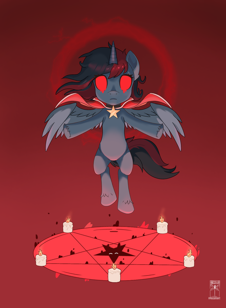 Size: 2200x3000 | Tagged: safe, artist:roccelladraws, derpibooru import, oc, oc:se solar eclipse, unofficial characters only, alicorn, pegasus, pony, candle, cape, clothes, cult, cult of the lamb, evil eyes, floating, horn, image, magic, pegasus oc, pentagram, png, pony oc, solo, spread wings, stars, wings