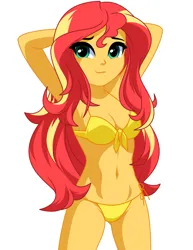 Size: 1040x1346 | Tagged: safe, artist:rosemile mulberry, derpibooru import, sunset shimmer, human, equestria girls, arm behind head, bare shoulders, belly button, bikini, breasts, cleavage, clothes, female, image, legs, midriff, png, side-tie bikini, simple background, sleeveless, smiling, solo, swimsuit, thighs, updated design, white background, yellow bikini, yellow swimsuit