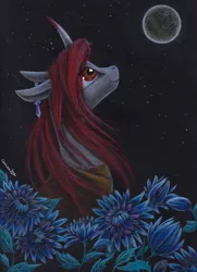Size: 4397x6057 | Tagged: safe, artist:cahandariella, derpibooru import, oc, oc:obsidian, unicorn, clothes, colored pencil drawing, ear piercing, earring, flower, full moon, image, jewelry, jpeg, looking up, moon, night, parent:king sombra, piercing, smiling, solo, stars, traditional art