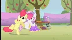Size: 1286x720 | Tagged: safe, derpibooru import, screencap, apple bloom, sweetie belle, pony, the show stoppers, apple, apple tree, blanket, derp, dizzy, food, image, png, sewing machine, tree