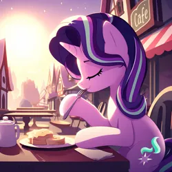 Size: 2048x2048 | Tagged: safe, artist:ponaiart, derpibooru import, machine learning generated, starlight glimmer, pony, unicorn, ai content, breakfast, cafe, food, g4, generator:bing image creator, image, morning, pancakes, png, sweet
