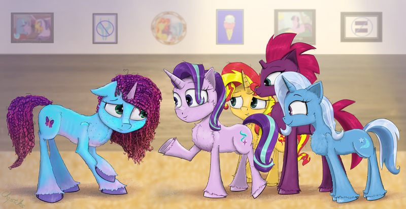 Size: 4200x2167 | Tagged: safe, artist:chopsticks, derpibooru import, fizzlepop berrytwist, starlight glimmer, sunset shimmer, tempest shadow, trixie, pony, unicorn, g5, broken horn, cheek fluff, chest fluff, concave belly, cute, ear fluff, equal sign, equality, eyebrows, eyebrows visible through hair, female, females only, floppy ears, food, freckles, horn, ice cream, image, leaning forward, looking at each other, looking at someone, mare, misty brightdawn, mistybetes, mlp fim's thirteenth anniversary, motivational poster, photo, picture frame, png, poster, raised hoof, rebirth misty, reformed unicorn meeting, shoulder fluff, shy, smiling, stray strand, thin, underhoof, unshorn fetlocks