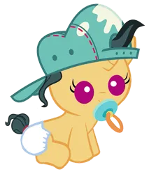 Size: 827x972 | Tagged: safe, derpibooru import, fresh coat, pony, unicorn, age regression, baby, baby pony, backwards ballcap, baseball cap, cap, diaper, female, filly, foal, hat, image, pacifier, png, younger