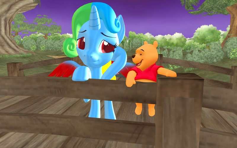 Size: 1920x1200 | Tagged: safe, artist:puzzlshield2, derpibooru import, oc, oc:puzzle shield, alicorn, pony, 3d, alicorn oc, bridge, colored wings, crossover, disney, heartwarming, horn, image, kingdom hearts, mmd, night, png, pooh, render, story included, wings, winnie the pooh