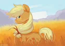 Size: 2560x1809 | Tagged: safe, artist:cottonaime, derpibooru import, applejack, earth pony, pony, female, food, image, jpeg, looking at you, looking back, looking back at you, mare, missing accessory, smiling, solo, wheat