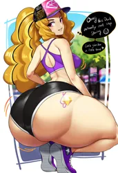 Size: 1030x1503 | Tagged: suggestive, artist:chigusa, derpibooru import, adagio dazzle, human, equestria girls, abstract background, adagio dat-azzle, baseball cap, butt, cap, clothes, cutie mark on human, dialogue, female, hat, hot pants, huge butt, humanized, image, jpeg, large butt, looking at you, looking back, looking back at you, shoes, sneakers, solo, solo female, squatting, the ass was fat, thighs, thought bubble, thunder thighs, twerking, wide hips
