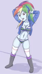 Size: 2500x4413 | Tagged: suggestive, artist:sumin6301, derpibooru import, rainbow dash, human, equestria girls, 2d, belly button, boots, bra, breasts, cleavage, clothes, female, gloves, gray background, image, jacket, jpeg, legs, long sleeves, looking at you, midriff, open mouth, panties, ponytail, shoes, simple background, socks, sucker, thigh highs, underwear