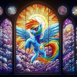 Size: 1024x1024 | Tagged: safe, derpibooru import, machine learning generated, rainbow dash, pegasus, pony, ai content, cloud, female, generator:dall-e 3, image, mare, png, pose, prompter:tyto4tme4l, rearing, solo, spread wings, stained glass, sun, window, wings