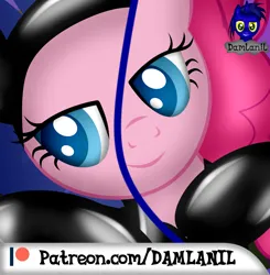 Size: 1390x1416 | Tagged: safe, artist:damlanil, derpibooru import, pinkie pie, earth pony, pony, advertisement, bodysuit, catsuit, clothes, cropped, cute, female, hood, image, latex, latex suit, mare, patreon, patreon preview, png, rubber, shiny, show accurate, solo, spy, spy suit, suit, vector