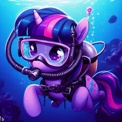 Size: 519x519 | Tagged: safe, derpibooru import, machine learning generated, twilight sparkle, ai content, breathing, dive mask, generator:bing image creator, goggles, image, jpeg, scuba gear