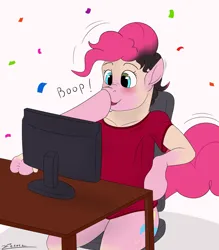 Size: 4200x4800 | Tagged: safe, artist:furnaise, derpibooru import, pinkie pie, earth pony, human, pony, blushing, boop, breaking the fourth wall, clothes, computer, confetti, eye color change, human to pony, image, male to female, monitor, open mouth, open smile, png, rule 63, shirt, sitting, smiling, transformation, transgender transformation, twinning