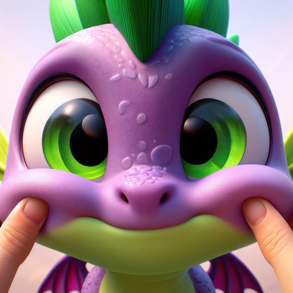 Size: 4096x4096 | Tagged: safe, derpibooru import, machine learning generated, spike, dragon, human, ai content, cheek squish, generator:bing image creator, human on dragon action, image, interspecies, jpeg, prompter:tgut, squishy cheeks