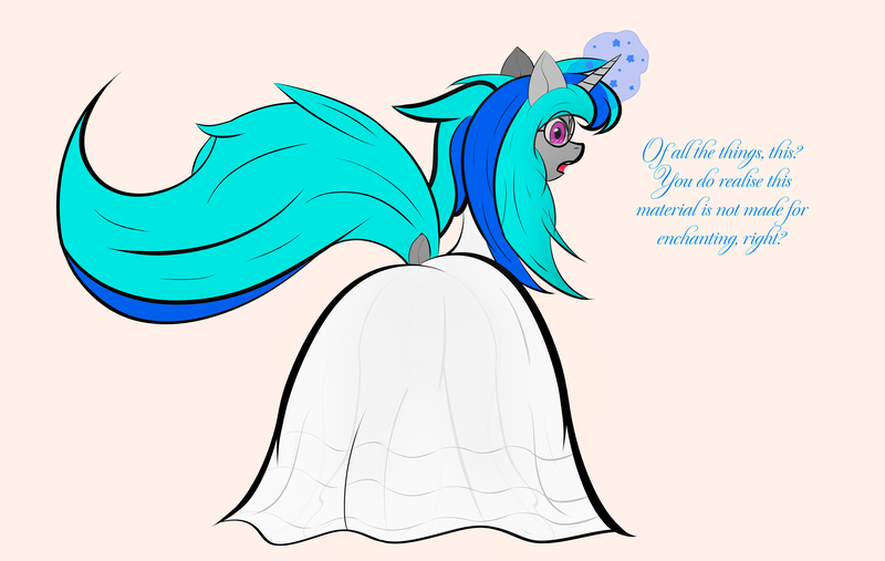 Size: 3708x2349 | Tagged: safe, artist:truedepressed, derpibooru import, oc, pony, unicorn, clothes, commission, dialogue, dress, image, looking at you, looking back, looking back at you, png, simple background, solo, tail, talking to viewer, wedding dress