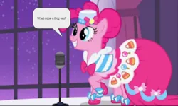 Size: 1080x648 | Tagged: safe, derpibooru import, edit, pinkie pie, frog, pony, the best night ever, clothes, dress, gala dress, image, jpeg, microphone, solo