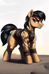 Size: 480x720 | Tagged: safe, derpibooru import, editor:primortal, machine learning assisted, machine learning generated, novelai, stable diffusion, oc, oc:brick house, unofficial characters only, earth pony, pony, fallout equestria, aggressive, ai content, angry, clothes, earth pony oc, fallout, female, image, leather, leather vest, muscles, muscular female, peacekeeper, png, ranger, short hair, solo, tough, vest, war never changes, wasteland