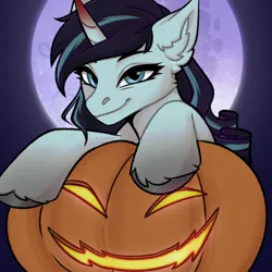 Size: 2048x2048 | Tagged: safe, artist:enderbee, derpibooru import, oc, pony, unicorn, colored horn, commission, curls, curved horn, female, halloween, happy, holiday, horn, image, mare, moon, png, pumpkin, smiling, solo, sombra horn, ych result