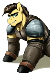 Size: 512x768 | Tagged: safe, derpibooru import, editor:primortal, machine learning assisted, machine learning generated, novelai, stable diffusion, oc, oc:sledge rock, unofficial characters only, earth pony, pony, fallout equestria, ai content, armor, biceps, clothes, earth pony oc, fallout, image, leather, leather armor, male, muscles, muscular male, peacekeeper, png, ranger, shoulder pads, simple background, solo, square jaw, white background