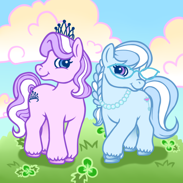 Size: 2000x2000 | Tagged: safe, artist:wtfponytime, derpibooru import, diamond tiara, silver spoon, earth pony, pony, unicorn, g2, braid, braided ponytail, female, filly, foal, g4, g4 to g2, generation leap, glasses, image, jewelry, necklace, png, ponytail, tiara, unshorn fetlocks