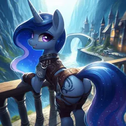 Size: 1024x1024 | Tagged: suggestive, derpibooru import, machine learning generated, oc, unnamed oc, unofficial characters only, pony, unicorn, ai content, armor, armored pony, blue coat, blue mane, blue tail, bridge, building, butt, ethereal mane, ethereal tail, female, generator:dall-e 3, image, jpeg, leaning, leather, leather armor, leather straps, looking at you, looking back, looking back at you, mare, mountain, not luna, plot, purple eyes, railing, rear view, river, smiling, smiling at you, solo, tail, water