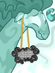 Size: 2998x3999 | Tagged: safe, artist:wtfponytime, derpibooru import, monster pony, umbrum, image, meme, png, show accurate, shy, sign, solo, text