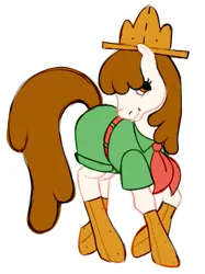 Size: 575x770 | Tagged: safe, artist:wtfponytime, derpibooru import, oc, oc:s'mores, ponified, unofficial characters only, earth pony, food pony, original species, pony, g2, belt, boots, clothes, food, hat, image, jumper, png, romper, shoes, simple background, sketch, solo, summer camp, white background