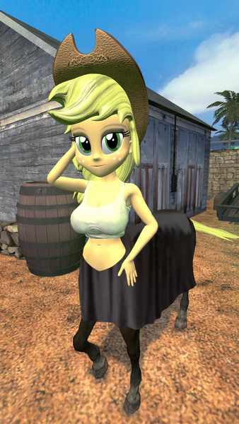 Size: 1080x1920 | Tagged: safe, artist:oatmeal!, derpibooru import, applejack, centaur, human, monster girl, taur, equestria girls, 3d, accessory swap, arm behind head, clothes, costume, gmod, halloween, halloween costume, hand on hip, holiday, humanized, image, looking at you, monster, monster musume, png, skirt, solo, species swap, tanktop