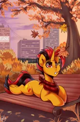 Size: 1750x2650 | Tagged: safe, artist:shadowreindeer, derpibooru import, oc, oc:selest light, unofficial characters only, pony, autumn, bench, city, commission, image, jpeg, leaves, male, park, solo, stallion