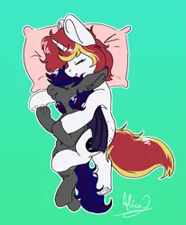 Size: 1779x2160 | Tagged: safe, artist:aliceg, derpibooru import, oc, oc:firestarter, oc:lazy sunday, unofficial characters only, bat pony, pony, unicorn, cuddling, gradient background, image, pillow, png, size difference