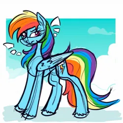 Size: 1280x1280 | Tagged: safe, artist:sadfloorlamp, derpibooru import, rainbow dash, pegasus, pony, cloud, colored, colored wings, concave belly, female, folded wings, image, jpeg, lidded eyes, long tail, looking at you, looking sideways, mare, multicolored hair, passepartout, quadrupedal, rainbow hair, rainbow tail, signature, sketch, slim, smiling, smirk, solo, standing, tail, thin, two toned wings, unshorn fetlocks, wings