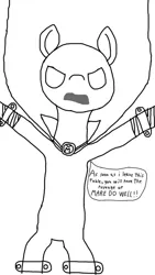 Size: 564x1001 | Tagged: safe, artist:lekonar13, derpibooru import, mare do well, earth pony, angry, cape, caught, clothes, costume, dialogue, image, jpeg, mask, monochrome, table