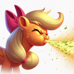 Size: 1024x1024 | Tagged: safe, derpibooru import, machine learning generated, applejack, earth pony, pony, ai content, bow, droplet, eyes closed, generator:bing image creator, image, jpeg, mucus, nose wrinkle, nostril flare, nostrils, powerful, prompter:evergreen, sneezing, snot, spray, strong, wrinkles