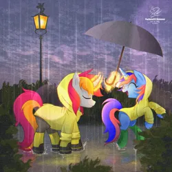 Size: 1920x1920 | Tagged: safe, artist:theratedrshimmer, derpibooru import, oc, oc:ironfire, oc:ryo, unofficial characters only, unicorn, boots, clothes, cute, female, image, male, oc x oc, png, rain, raincoat, shipping, shoes