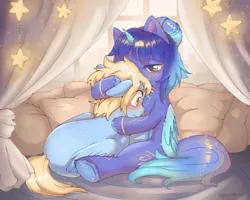 Size: 2500x2000 | Tagged: safe, artist:ponchik_art, derpibooru import, oc, oc:asteria, oc:blue skies, unofficial characters only, alicorn, pegasus, pony, blushing, chest fluff, comforting, commission, constellation, cuddling, curtains, cute, detailed background, embarrassed, ethereal mane, female, hug, image, loving gaze, male, mare, pillow, png, sitting, sparkles, stallion, starry mane, stars, unshorn fetlocks, window