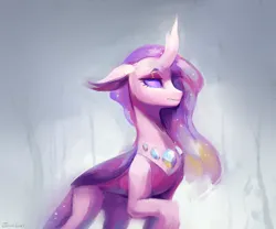 Size: 2170x1808 | Tagged: safe, artist:jewellier, derpibooru import, princess cadance, changedling, changeling, pony, abstract background, changedlingified, changelingified, curved horn, digital art, ethereal mane, eyeshadow, fanfic art, female, floppy ears, flowing mane, g4, gem, gray background, horn, image, makeup, mare, png, purple eyes, raised hoof, signature, simple background, sparkles, species swap, starry mane, starry tail, tail, walking