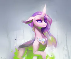 Size: 2170x1808 | Tagged: safe, alternate version, artist:jewellier, derpibooru import, princess cadance, changedling, changeling, pony, abstract background, changedlingified, changelingified, curved horn, digital art, ethereal mane, eyeshadow, fanfic art, female, fire, floppy ears, flowing mane, g4, gem, gray background, green fire, horn, image, makeup, mare, png, purple eyes, raised hoof, signature, simple background, sparkles, species swap, starry mane, starry tail, tail, walking