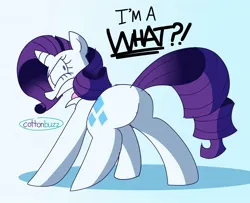 Size: 1606x1306 | Tagged: safe, artist:cottonbuzz, derpibooru import, rarity, pony, unicorn, butt, female, food, image, jpeg, mare, marshmallow, rarity is a marshmallow, rarity is not amused, rearity, solo, unamused, yelling
