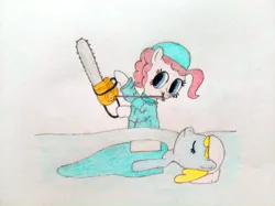 Size: 4032x3016 | Tagged: safe, artist:jakusi, ponerpics import, pinkie pie, sassaflash, earth pony, pony, /pnk/, blanket, chainsaw, clothes, doctor, face mask, female, gloves, image, jpeg, like a surgeon, lying down, mare, mask, music video reference, pinktober, solo, surgeon, traditional art, unconscious, weird al yankovic