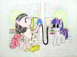Size: 4032x3016 | Tagged: safe, artist:jakusi, ponerpics import, pinkie pie, twilight sparkle, earth pony, pony, /pnk/, andrew w.k., clothes, confused, drinking, female, gas pump, gas station, gasoline, image, jpeg, mare, music video reference, pinktober, puddle, road, shirt, t-shirt, traditional art, tree, white shirt