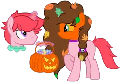 Size: 2016x1368 | Tagged: safe, artist:motownwarrior01, derpibooru import, oc, oc:basura, oc:jackie-lantern, unofficial characters only, pony, unicorn, base used, candy, choker, cute, duo, female, food, freckles, hair braid, hair tie, head swap, headless, horn, image, leaves, leaves in hair, magic, male, mare, modular, png, pumpkin, simple background, sparkles, stallion, tail, telekinesis, transparent background