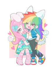 Size: 2788x3708 | Tagged: safe, artist:chengzi82020, derpibooru import, fluttershy, rainbow dash, human, equestria girls, duo, female, flutterdash, human coloration, humanized, image, lesbian, png, shipping, simple background, white background