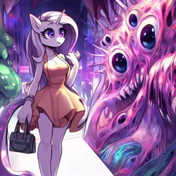 Size: 1024x1024 | Tagged: safe, derpibooru import, machine learning generated, oc, unnamed oc, anthro, unicorn, abstract, ai content, bag, body horror, breasts, clothes, dress, eldritch abomination, female, generator:bing image creator, generator:dall-e 3, handbag, horror, image, jpeg, pink mane, prompter:horselover fat, small breasts, smiling, solo, solo female, surreal, walking