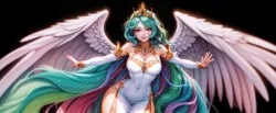Size: 7424x3072 | Tagged: suggestive, derpibooru import, machine learning generated, stable diffusion, princess celestia, human, ai content, black background, breasts, cleavage, clothes, crown, detached sleeves, dress, female, humanized, image, jewelry, looking at you, multicolored hair, png, prompter:4as, purple eyes, regalia, simple background, smiling, solo, spread arms, spread wings, wide hips, wings