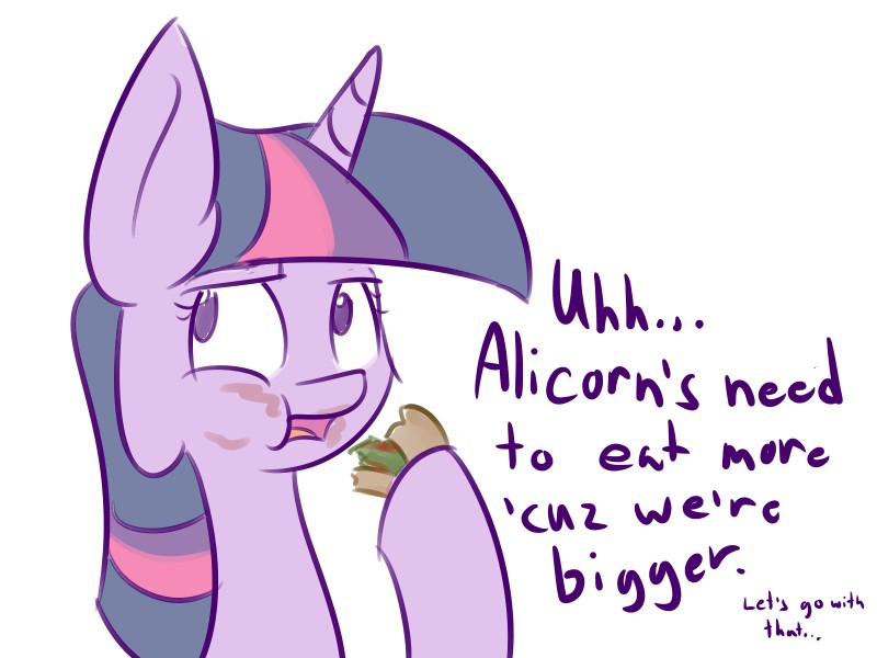 Size: 800x600 | Tagged: artist needed, source needed, safe, derpibooru import, twilight sparkle, twilight sparkle (alicorn), alicorn, pony, alicorn metabolism, cheek bulge, colored, eating, eyelashes, female, food, horn, image, jpeg, looking sideways, mare, messy eating, open mouth, sandwich, simple background, solo, talking, white background