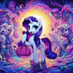 Size: 1024x1024 | Tagged: safe, derpibooru import, machine learning generated, rarity, pony, abstract, ai content, bag, clothes, female, generator:bing image creator, generator:dall-e 3, handbag, high heels, horror, image, jpeg, melting, prompter:horselover fat, shoes, surreal