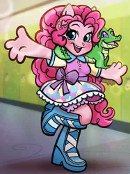 Size: 700x934 | Tagged: safe, artist:sparkytopia, derpibooru import, gummy, pinkie pie, alligator, equestria girls, boots, clothes, female, image, jpeg, male, open mouth, open smile, ponied up, pony ears, shoes, smiling