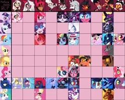 Size: 2903x2309 | Tagged: safe, artist:unoriginai, derpibooru import, applejack, fluttershy, millie, pinkie pie, princess celestia, princess luna, rainbow dash, rarity, twilight sparkle, oc, demon, demon pony, hybrid, original species, adoptable, adoptable open, alastor, angel dust (hazbin hotel), blitzo, bombproof, charlie morningstar, cute, grid, hazbin hotel, helluva boss, husker, image, loona (helluva boss), moxxie knolastname, png, vaggie