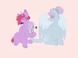Size: 2732x2048 | Tagged: safe, artist:snows-undercover, derpibooru import, oc, oc:iris breeze, oc:lilac, unofficial characters only, pegasus, pony, unicorn, blushing, cute, duo, ear piercing, earring, female, flower, flustered, freckles, hoof hold, image, iris (flower), jewelry, leonine tail, lesbian, looking at each other, looking at someone, mare, oc x oc, piercing, pink background, png, shipping, simple background, sitting, tail