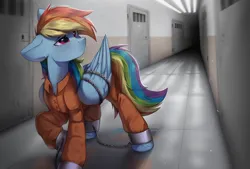 Size: 2396x1620 | Tagged: safe, artist:anku, derpibooru import, rainbow dash, pegasus, pony, ankle chain, bound wings, chains, clothes, image, png, prison outfit, prisoner rd, solo, wings