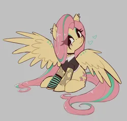 Size: 2344x2230 | Tagged: safe, artist:syrupyyy, derpibooru import, fluttershy, pegasus, pony, arm warmers, blush sticker, blushing, choker, clothes, ear piercing, earring, eye clipping through hair, eyeshadow, female, goth, gray background, heart, image, jewelry, makeup, mare, nose piercing, one wing out, piercing, png, shirt, simple background, sitting, solo, spread wings, torn clothes, wings